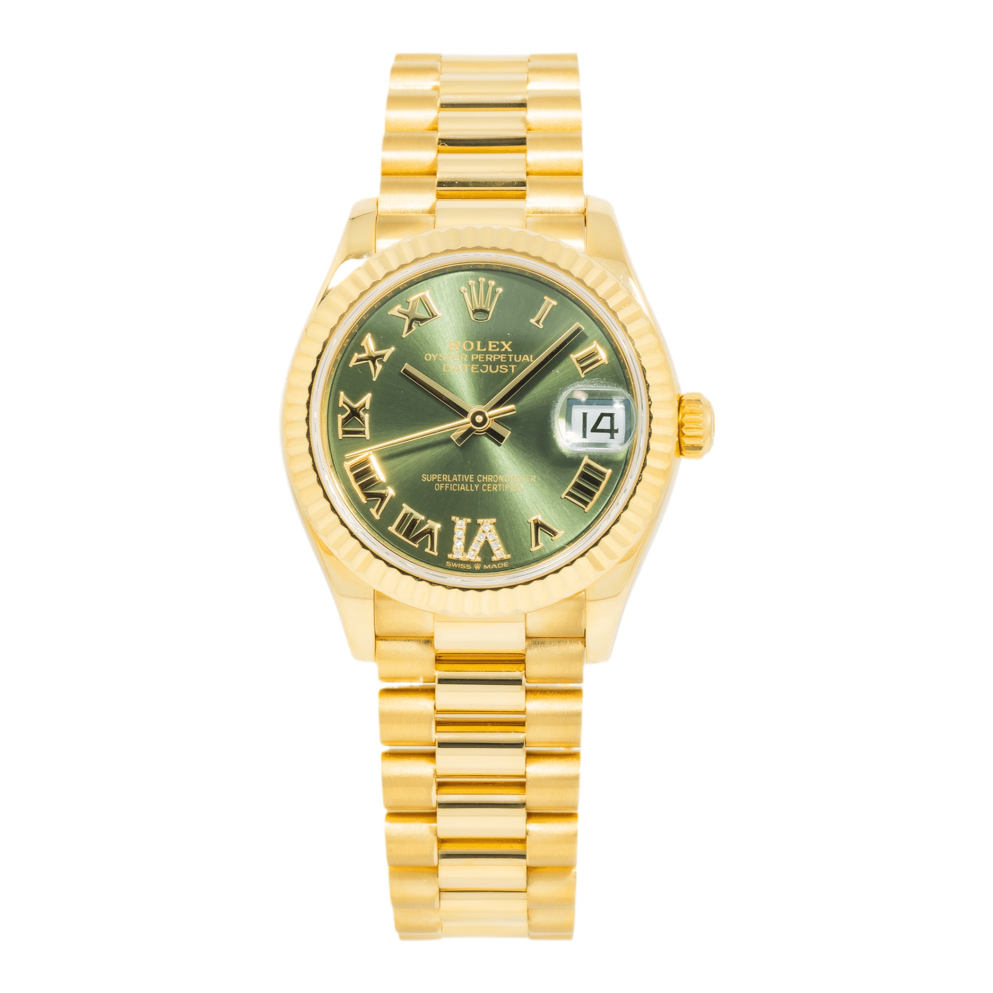 IMG_0342.png Rolex Ladies 31mm 18K Yellow Gold Datejust 278278 with Green Roman Diamond Dial and President Bracelet - Image 1