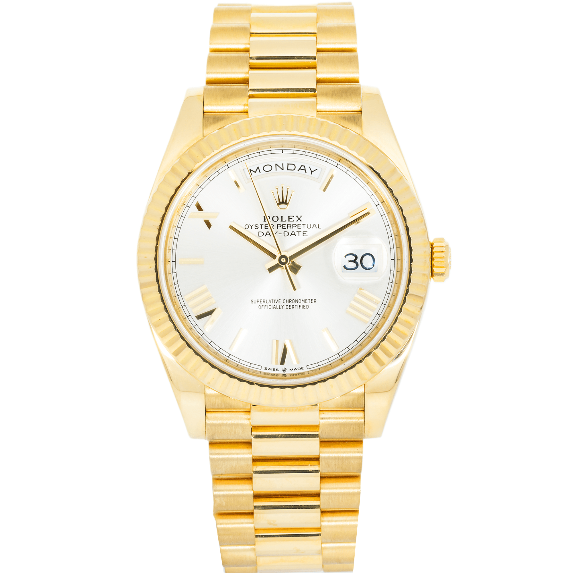 IMG_1501.png Rolex 18k Yellow Gold Day-Date 40mm, 228238 Silver Roman Dial and President Bracelet - Image 1