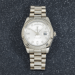 Rolex 18K White 41mm Gold Day-Date II with Silver Baguette and Diamond Dial, President Braclet - Image 5