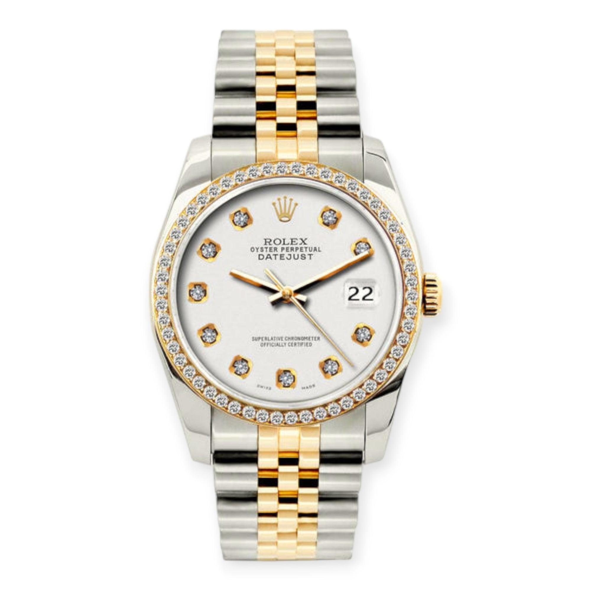 Pre-Owned-Rolex-Datejust-Diamond-Watch-36mm-Yellow-Gold-and-Stainless-Steel-Bracelet-White-Dial-w-Diamond-Bezel-JD-Watches-NY.jpg Rolex Datejust Diamond Watch, 36mm, Yellow Gold and Stainless Steel Bracelet White Dial w/ Diamond Bezel - Image 1