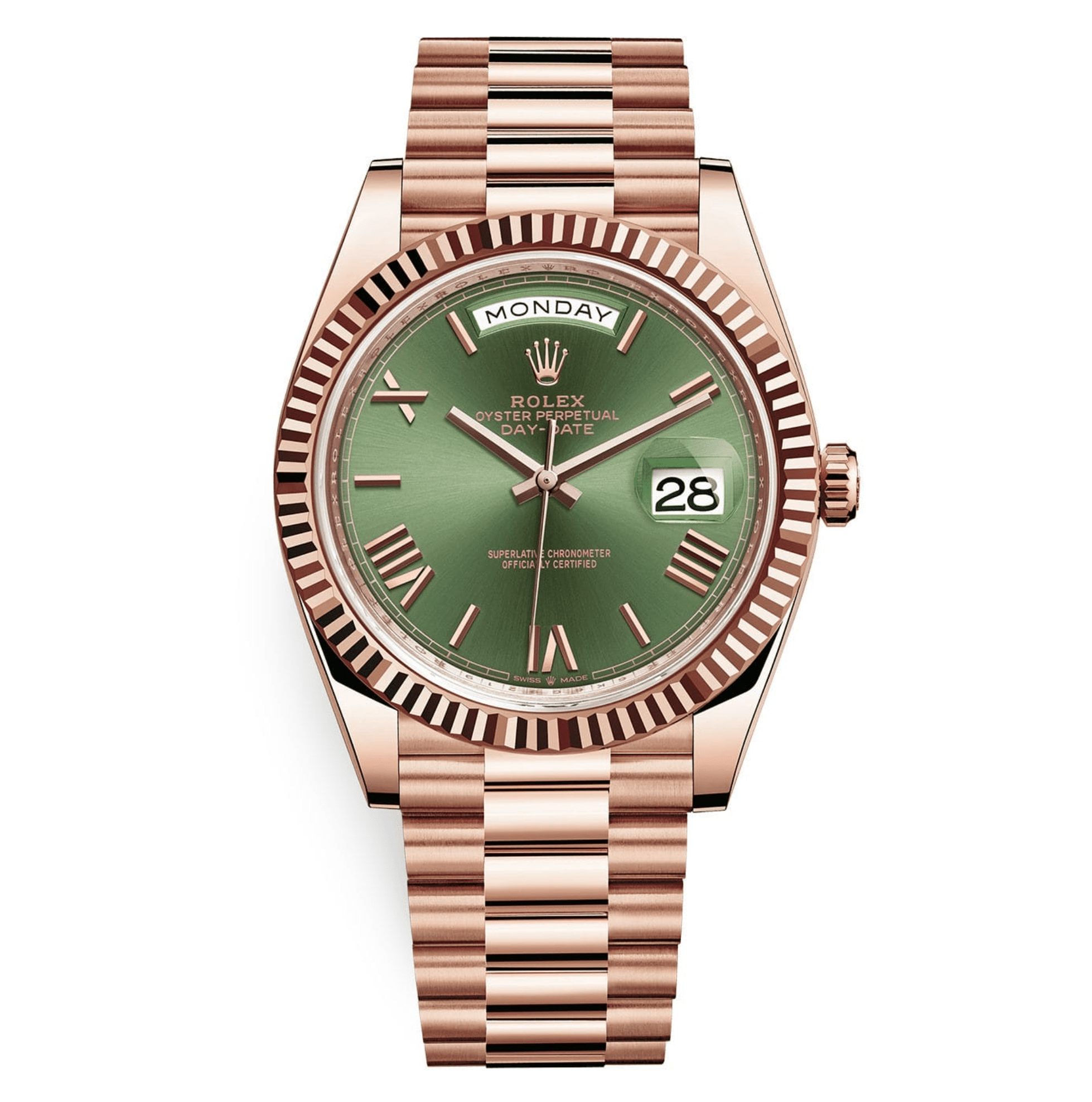 Pre-Owned-Rolex-Day-Date-228235-40mm-Everose-Gold-with-Olive-Green-Roman-Dial-JD-Watches-NY.png Rolex Day-Date 228235 – 40mm Everose Gold with Olive Green Roman Dial - Image 1