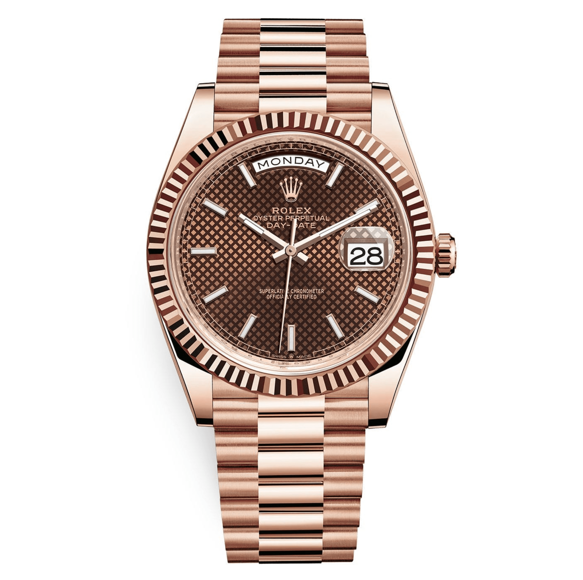 Pre-Owned-Rolex-Day-Date-40-Chocolate-Diagonal-Motif-Dial-Fluted-Bezel-18K-Everose-Gold-President-228235-JD-Watches-NY.png Rolex Day-Date 40 Chocolate Diagonal Motif Dial & Fluted Bezel 18K Everose Gold President 228235 - Image 1