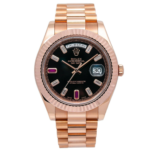 Rolex Day-Date II 41mm 218235 – Black Dial with Factory Ruby & Diamond Markers – 18K Rose Gold President Bracelet