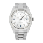 Rolex Day-Date II – White Gold Silver Dial with Blue Sapphire & Baguette Markers Ref. 218239