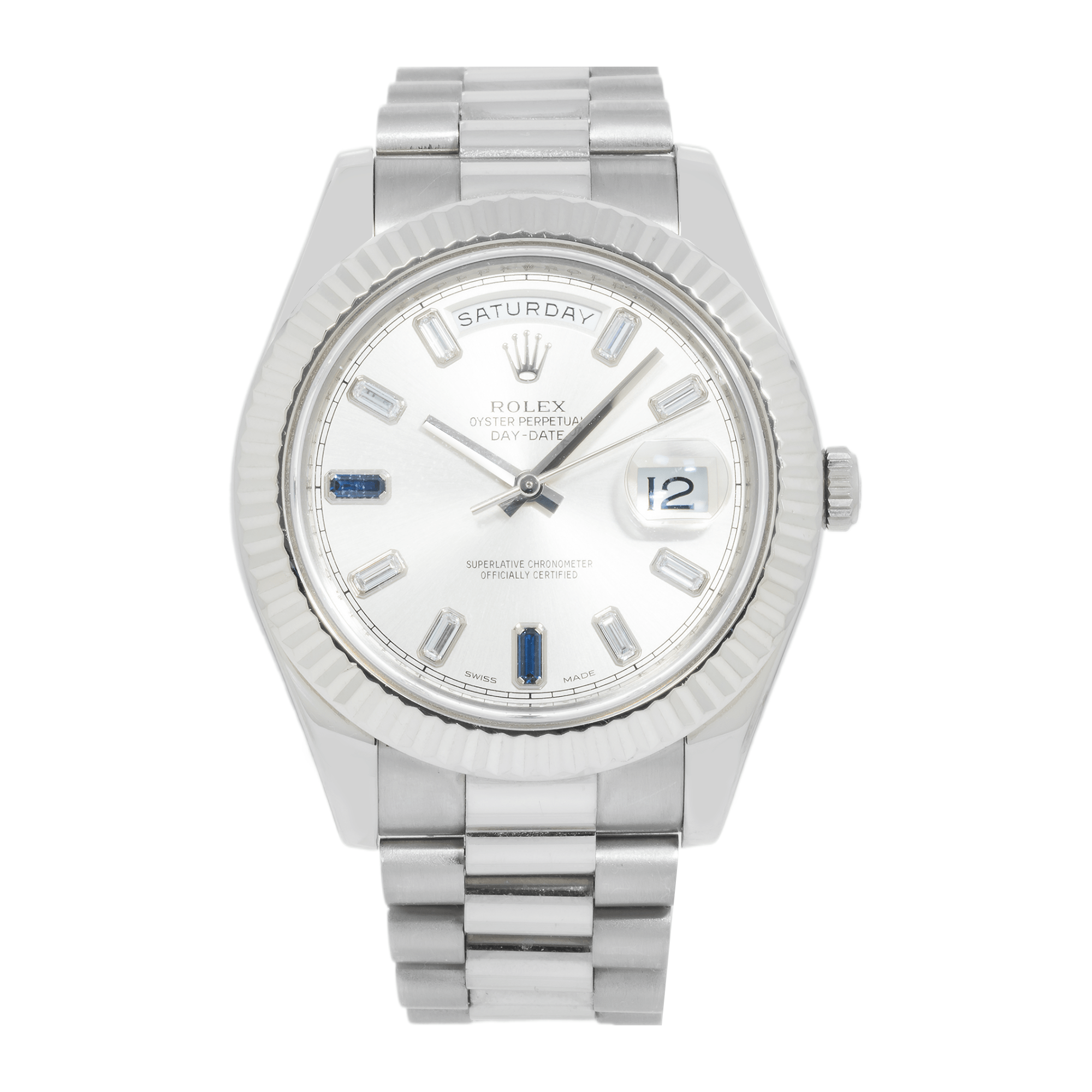Pre-Owned-Rolex-Day-Date-II-White-Gold-Silver-Dial-with-Blue-Sapphire-Baguette-Markers-Ref_-218239-JD-Watches-NY.png Rolex Day-Date II – White Gold Silver Dial with Blue Sapphire & Baguette Markers Ref. 218239 - Image 1