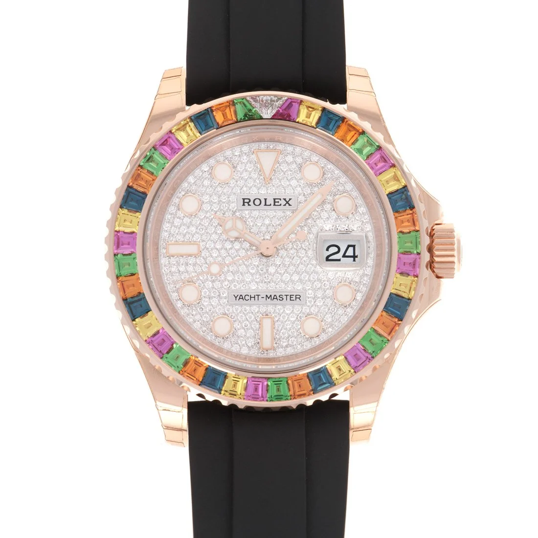c189be08e11aca20697d0b2efc673f76.webp YACHT MASTER 1 GOLDEN DIAMOND BEZEL & DIAL RUBBER STRAP 40MM - Image 1
